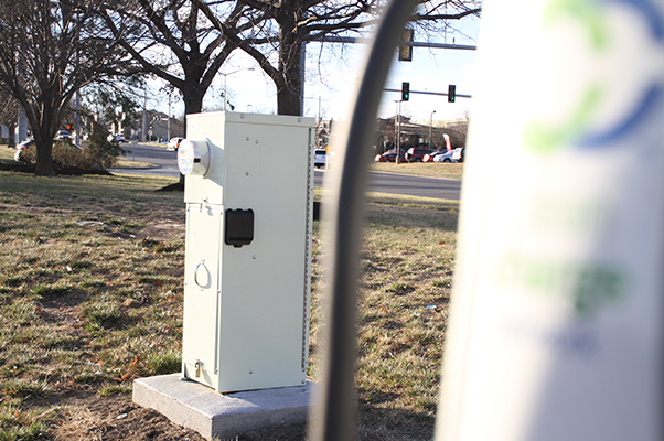 This Milbank pedestal is providing power for an EV charging station at a park.