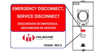 Milbank's emergency disconnect label that complies with NEC 2020 section 230.85 and a drawing of a meter main to see where that label is located.