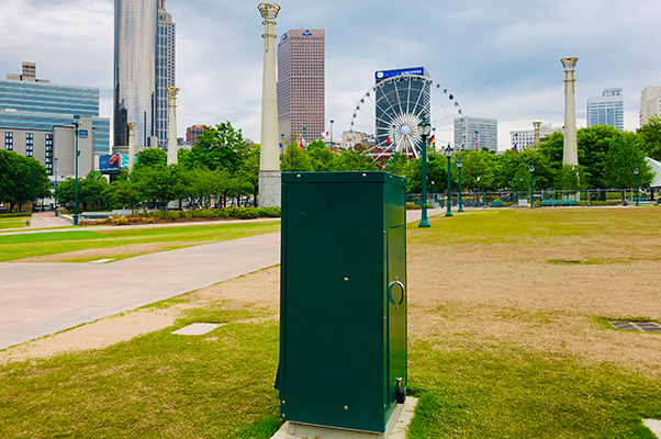 A Milbank pedestal stands outside Olympic Park in Atlanta, Ga.
