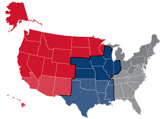 Map of the United States with split into regions serviced by Milbank