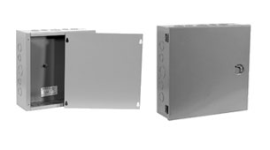 Two NEMA 1 enclsosures, the left with the lid propped against the enclosure, the right with the lid fitted. Two NEMA 1 enclsosures, the left with the lid propped against the enclosure, the right with the lid fitted.