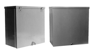 Two NEMA 3R enclosures, the left with a hinge cover and the right with a screw cover. Two NEMA 3R enclosures, the left with a hinge cover and the right with a screw cover.