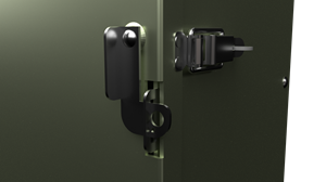 A close up on the latch and hasp system that makes cabinets padlockable and secure.