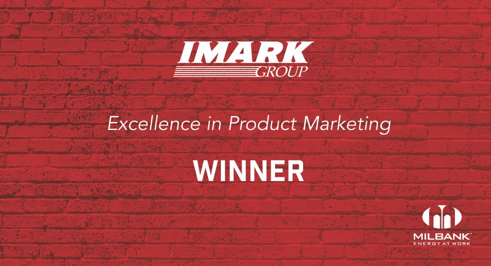 White words on red brick background naming Milbank a winner of IMARK's Excellence in Product Marketing.