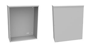 A rendering of a hinged cover telephone cabinet and the same cabinet on the right with the cover in place.
