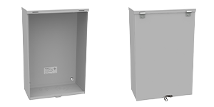 A rendering of a NEMA hinged cover junction box and the same box on the right with the cover in place.