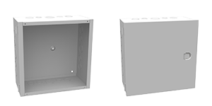 A rendering of a hinged cover junction box, with a shot of the interior on the left and with the cover in place on the right.