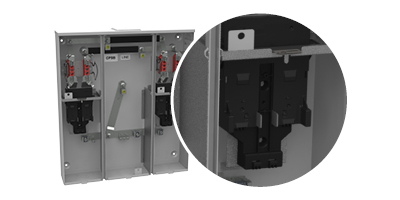 A rendering of the U5882 meter main with a close up on the aluminum bus that offers protection from live parts.