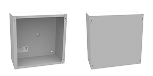 A rendering of a screw cover junction box with a view of the interior on the left and the screw cover in place on the right.