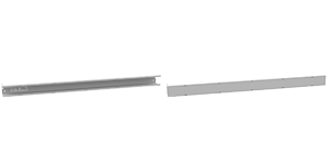 A rendering of a hinge cover wireway, the left showing the wireway with no cover and the right showing the wireway with the cover in place.