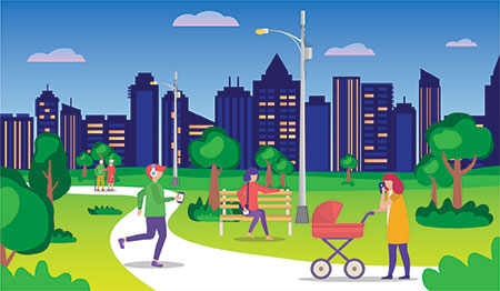 Illustration of people in a park using different smart devices with a city skyline in the background.