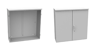 A rendering of the shell of a CT cabinet and on the right a CT cabinet with hinged doors closed.
