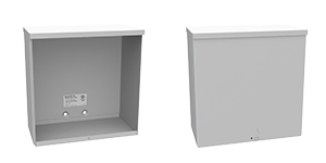 A rendering of a NEMA screw cover junction box on the left and the same box on the right with the cover in place.