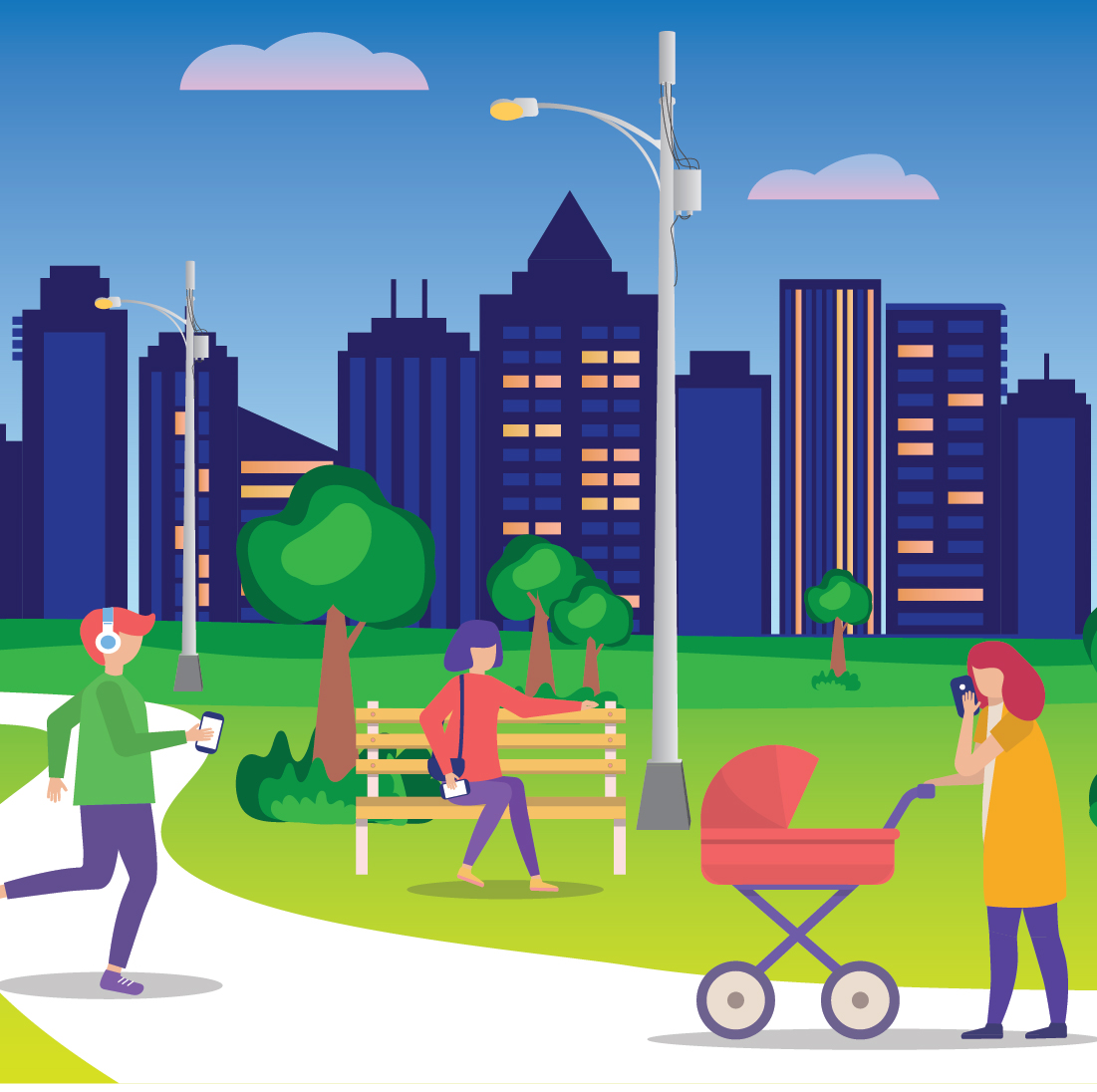 An illustration of people in a park holding smart devices with a city skyline in the background.
